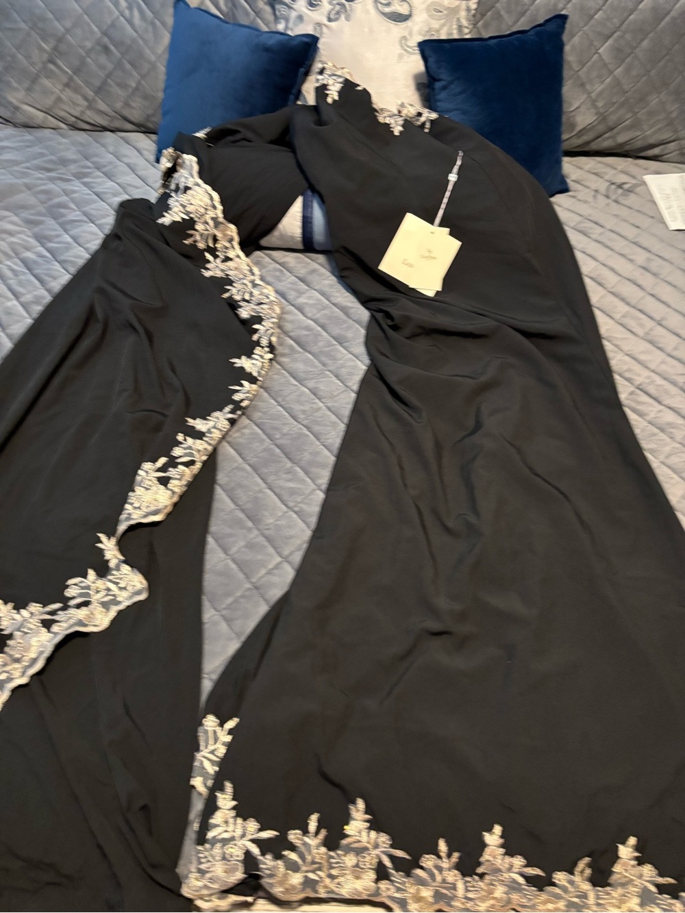 Black Embroidered Evening Gown - Elegant Floral Trim Size 10 New with Tags